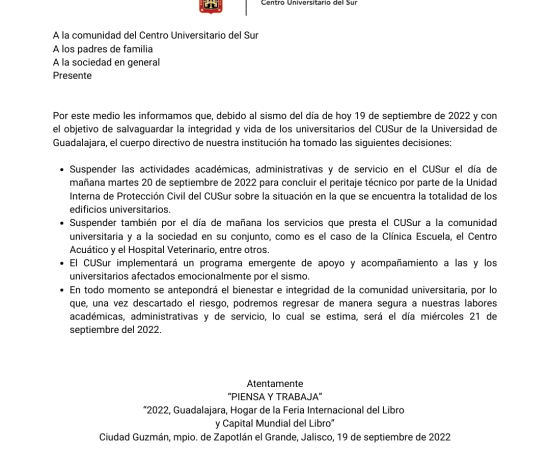 Se suspenden actividades en el CUSur tras sismo