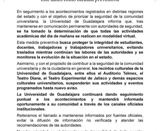 UdeG suspende actividades administrativas y académicas como medida preventiva