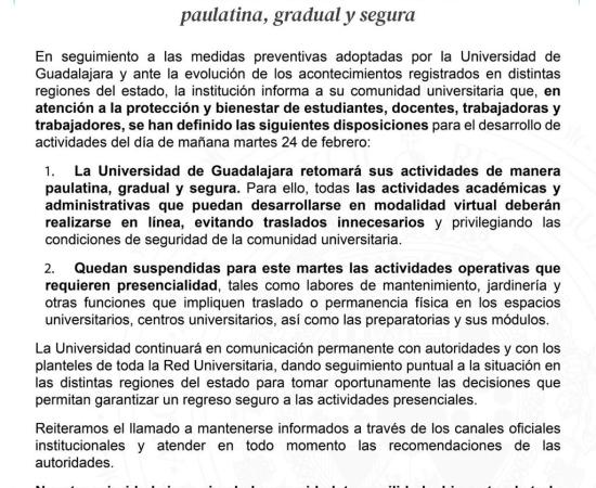 UdeG retomará actividades de manera paulatina, gradual y segura