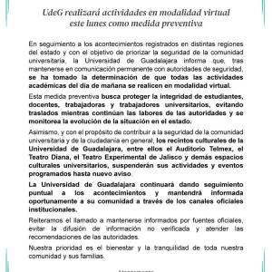 UdeG suspende actividades administrativas y académicas como medida preventiva