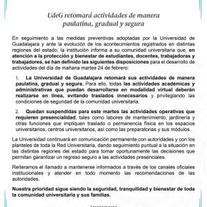 UdeG retomará actividades de manera paulatina, gradual y segura